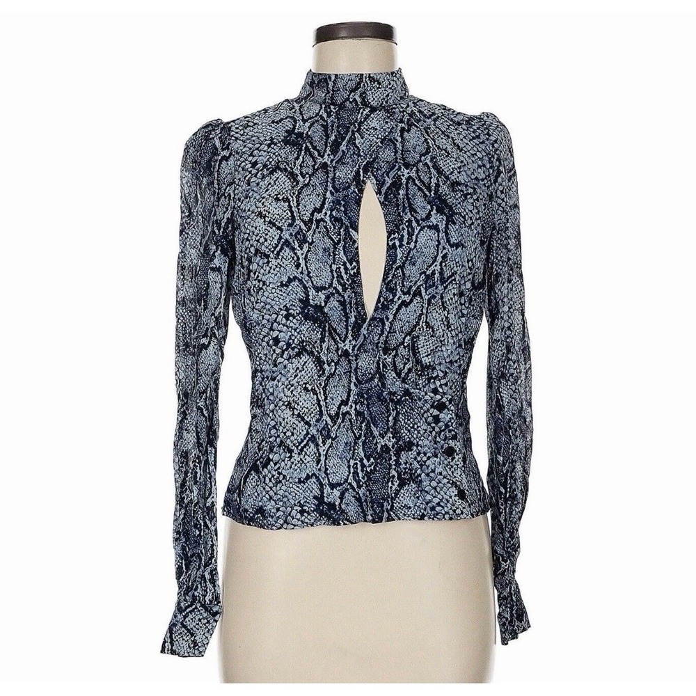 Reformation Blouse Shirt Top Womens Small Blue Snakeskin Print Keyhole Front